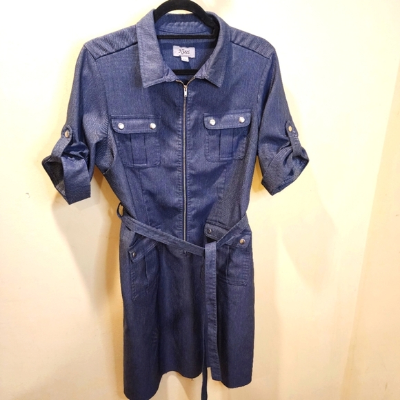 nicci Dresses & Skirts - Nicci Navy Blue Denim Midi Belted Dress With Pockets Size 14p